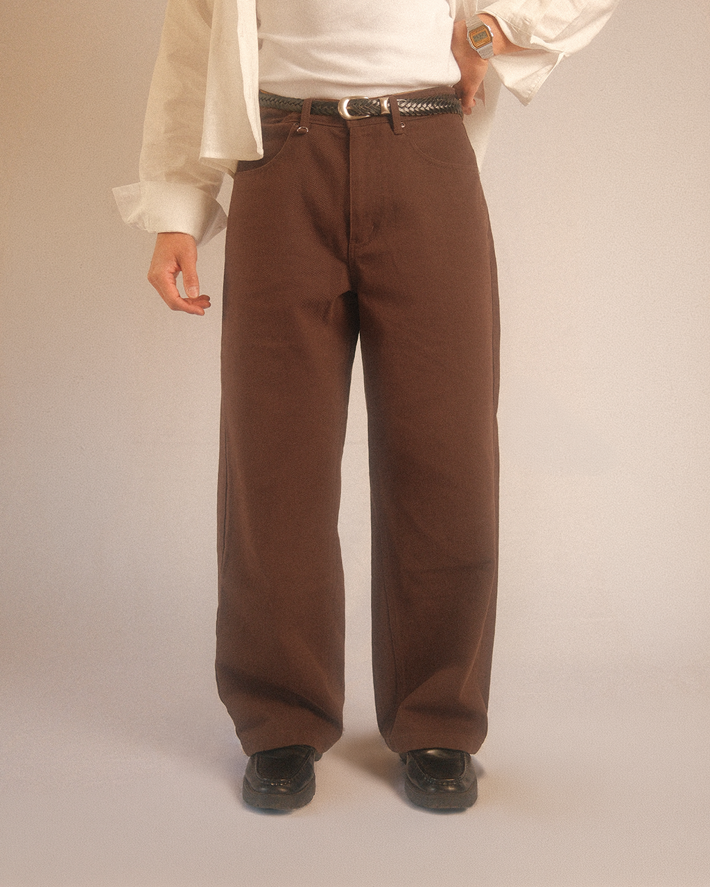 denim wide pants - oak brown