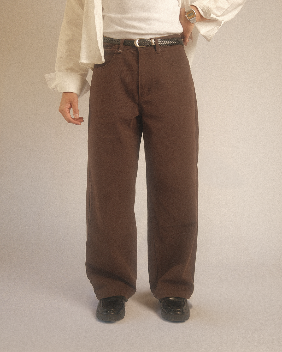 denim wide pants - oak brown