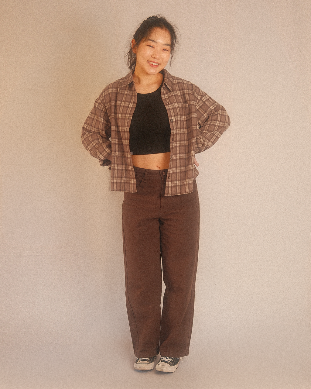 denim wide pants - oak brown